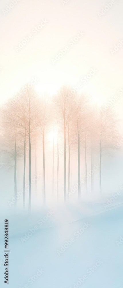 Wall mural a forest with trees in the background and a sun in the foreground