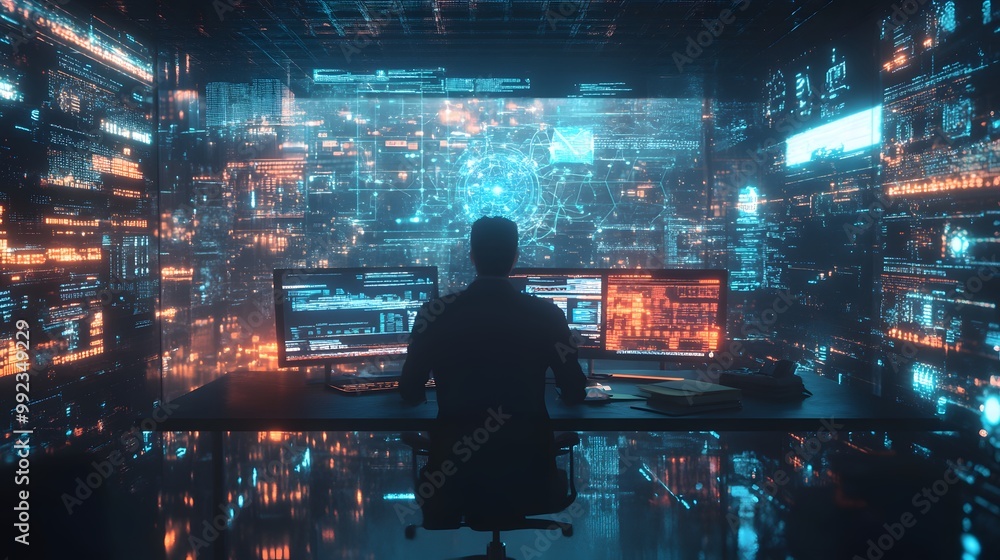 Poster a lone figure working at a desk surrounded by glowing screens displaying code and data