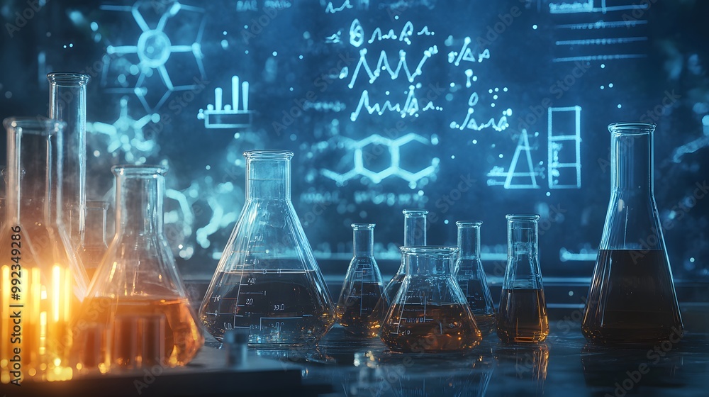 Poster conical flasks filled with amber liquid and illuminated by warm light on a dark background with chem