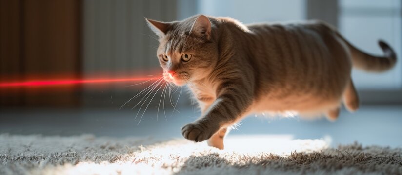 A cat chases a red laser in the house