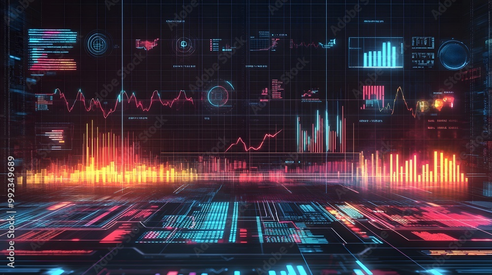 Poster abstract futuristic digital interface with glowing charts and data