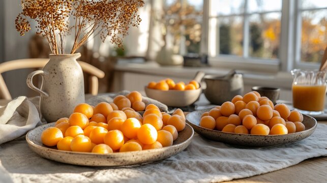 Cloudberries arranged elegant geometric pattern minimalist breakfast table herbal tea fresh smoothie bowl softly blurred behind promoting balanced nutritious start day Scientific name Rubus