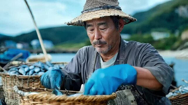 A fisherman with a straw hat looks at the camera while sorting fish.