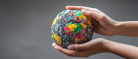Hands passing a globe made of recycled materials, symbolizing global effort for environmental conservation, colorful and hopeful