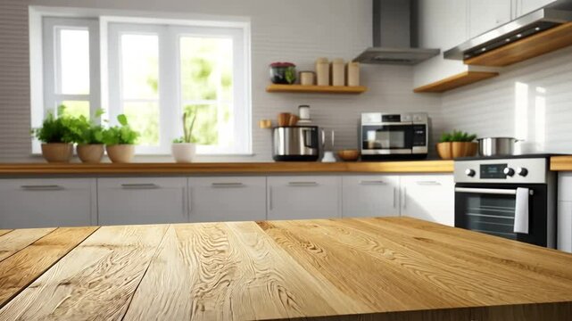 Wooden kitchen counter with blurred background.