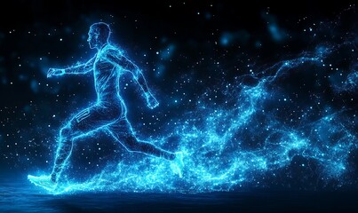Naklejka premium Blue digital soccer player with glowing data, artificial intelligence into athlete performance analysis and training, enhancing player skills, strategy, and overall team performance design 