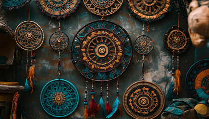 Obraz premium A collection of mandalas, dreamcatchers, and earthy tones, with intricate patterns and a warm, laid-back atmosphere