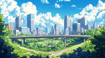 Fototapeta premium Overpass View of a Modern Cityscape with Blue Sky and Lush Greenery