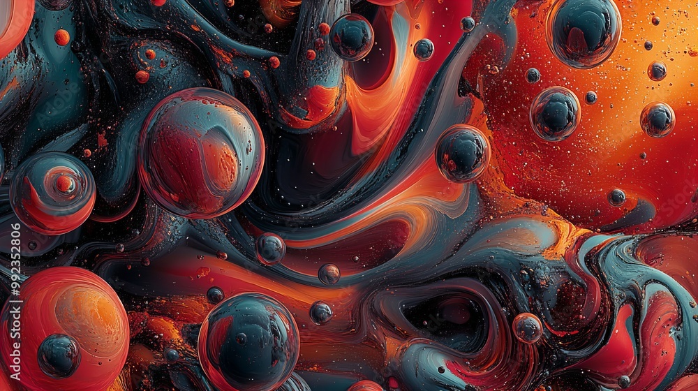 Poster Abstract swirling pattern with floating spheres in red and blue hues.