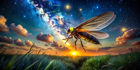 Naklejka premium Captivating Lightning Bug in Flight Against a Backdrop of Night Sky and Glowing Stars Above