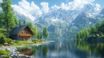 Fototapeta premium Picturesque Mountain Cabin with Lake View