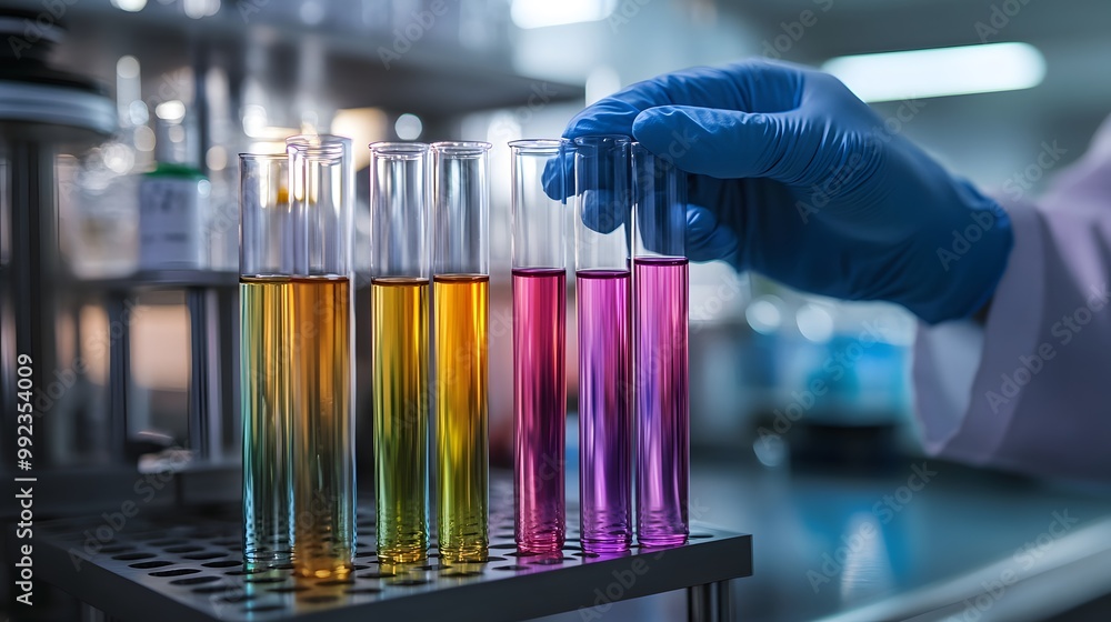 Poster close-up of gloved hand adjusting test tubes filled with colorful liquids in a laboratory setting