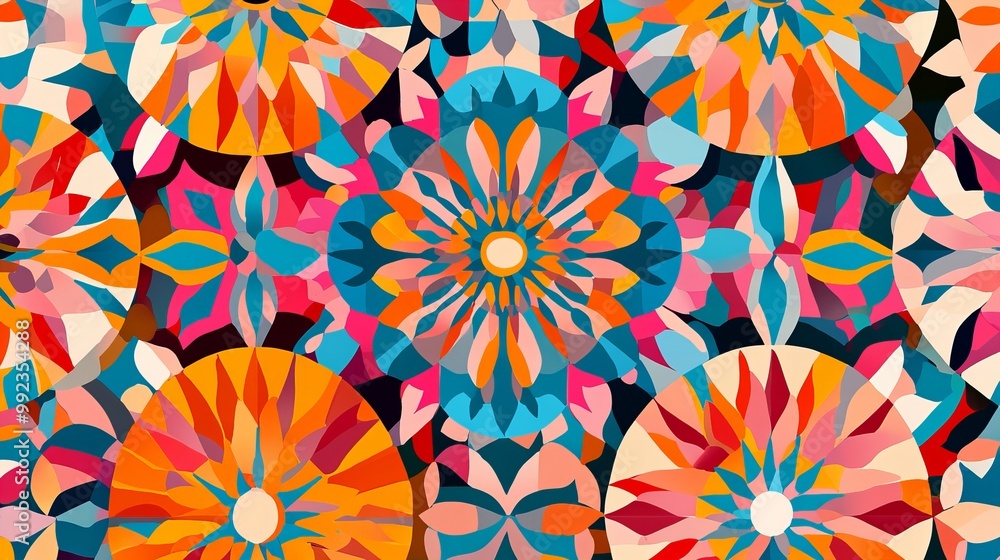 Poster a vibrant abstract pattern with a mix of bright colors and geometric shapes, perfect for adding a mo