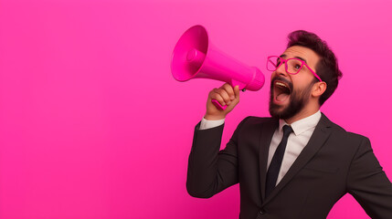 Funny caucasian man hold pink megaphone and scream. Person speak into loudspeaker on solid background. Creative idea. Banner with copy space for business and sale concept