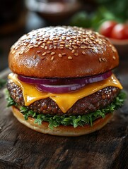 Lentil Burger: A savory lentil patty topped with caramelized onions, smoked paprika, and vegan mayo on a brioche-style bun.