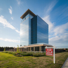 Obraz premium Modern high-rise building for sale with a lush green landscape, promising lucrative investment.