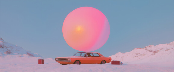 Poster with vintage red car under the pink balloon in winter. Contemporary art collage. Winter trip and travel concept. Retro aesthetics. 