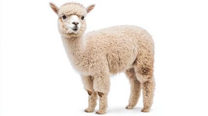 Fototapeta premium Adorable Alpaca Standing on White Background - Perfect for Animal and Nature-Themed Projects