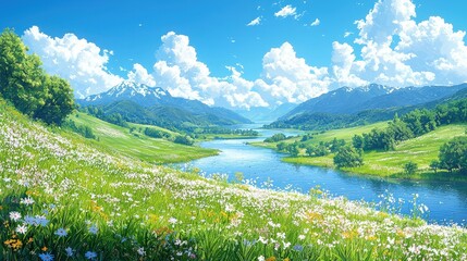 Scenic Mountain Lake with Blooming Wildflowers