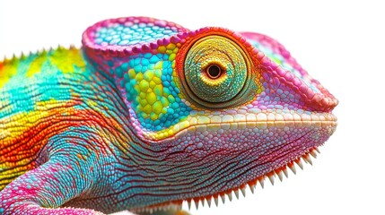 Obraz premium Vibrant Colorful Chameleon Close-Up on White Background - Exotic Reptile with Detailed Skin Texture and Bright Colors