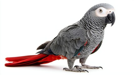 Obraz premium Beautiful African Grey Parrot with Red Tail Feathers on a White Background - High-Resolution Stock Photo