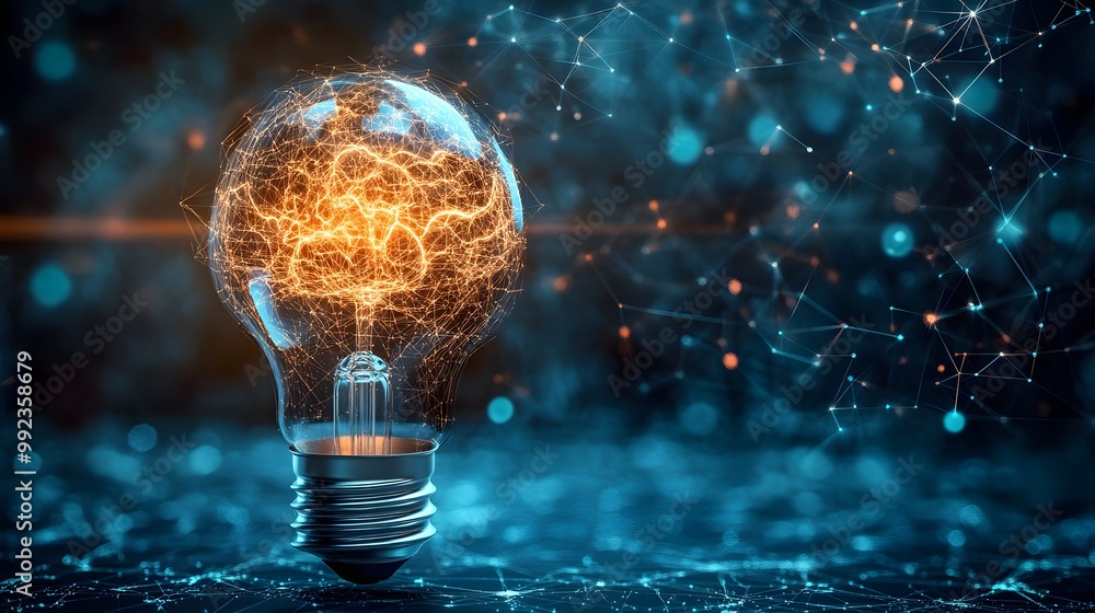 Poster illuminated light bulb with brain-shaped filament in a network of lines