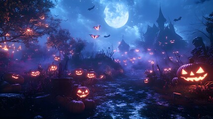 A moonlit garden filled with pumpkins and swirling fog, where mischievous fairies in tattered, Halloween-themed attire hover above the ground, their wings shimmering with a ghostly glow. 