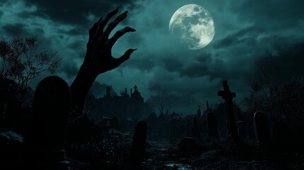 Haunted cemetery scene with zombies, dark moon, and a rising hand of death and danger