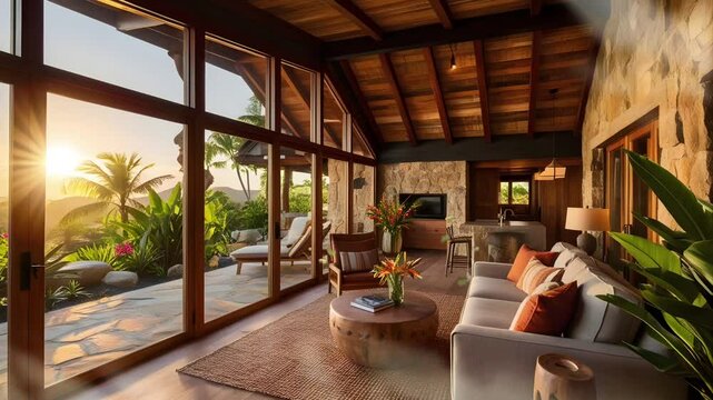 Luxurious living room in a log cabin with several large wooden windows and views of the morning sun. Seamless 4K looping timelapse video animation background