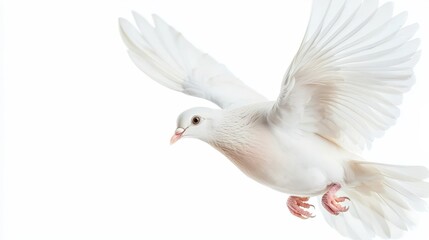 Obraz premium Graceful White Dove in Flight on a Clean White Background Capturing Elegance and Purity