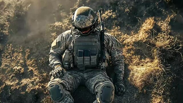 A soldier in camouflage uniform and helmet sits on the ground in a field.