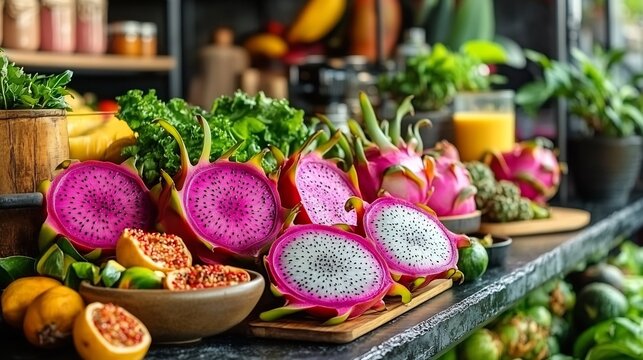 Dragon fruit sliced half arranged vibrant vegan meal prep station fresh greens colorful smoothies recipe books softly blurred behind promoting healthy organic eating Scientific name Hylocereus undatus