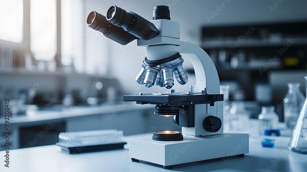 Poster a close-up of a microscope in a laboratory setting