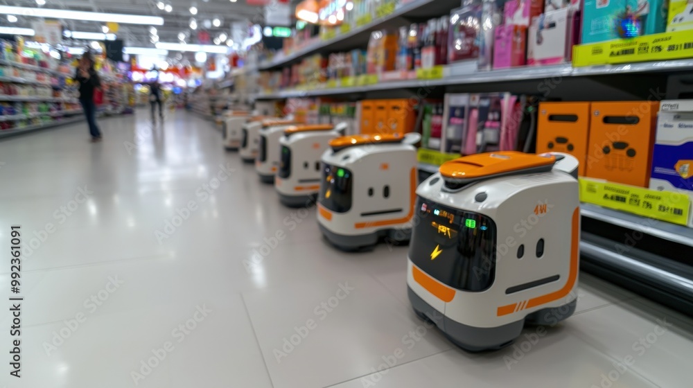 Poster autonomous robots in supermarkets retail automation shelf scanning technology