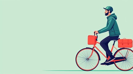 Man Riding Bicycle with Backpack and Cap on Minimalist Background - Modern Vector Illustration