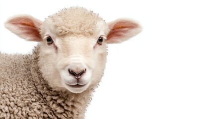 Fototapeta premium Adorable Sheep Portrait on White Background - Close-Up of Cute Fluffy Lamb Looking at Camera