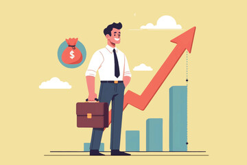 Professional businessman with rising graph and dollar bag