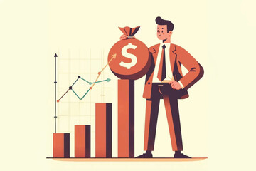 Businessman holding money bag in front of rising graph