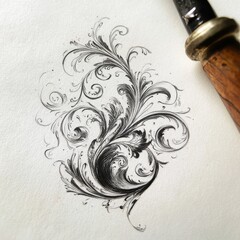 Intricate Ink: A mesmerizing ink drawing of a swirling floral pattern, captured with a vintage pen and paper. The intricate details and delicate lines create a sense of elegance and beauty.