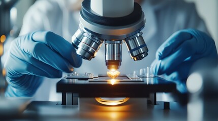 Close-up of a Microscope Focusing on a Sample with Illuminated Stage