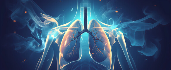Digital illustration of human lungs with glowing effects. 3D medical visualization with neon lighting. Healthcare, respiratory system and medical technology concept. for medical poster, infographic