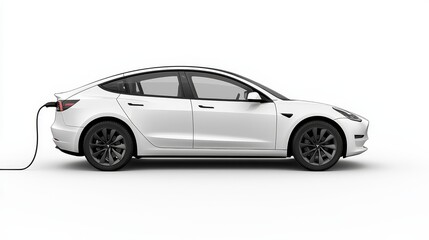 Fototapeta premium Electric Car Charging - Modern White Sedan Plugged In for Eco-Friendly Transportation