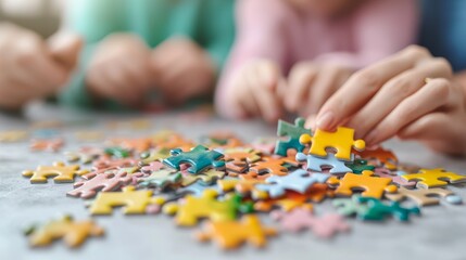 Middle Class Family Enjoying Quality Time Together Solving a Colorful Jigsaw Puzzle at Home