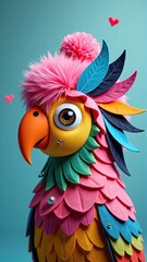 Obraz premium Colorful animated parrot with vibrant feathers and charming accessories against a teal background, featuring whimsical hearts.