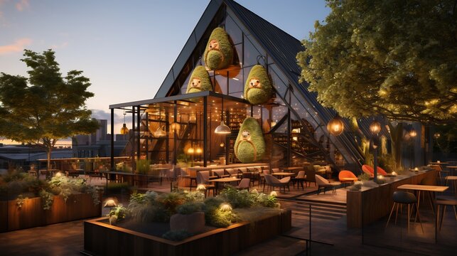 Geometric arrangement of avocados exclusive rooftop event neon lights and live music softly glowing behind blending modern entertainment with healthconscious dining Scientific name Persea americana