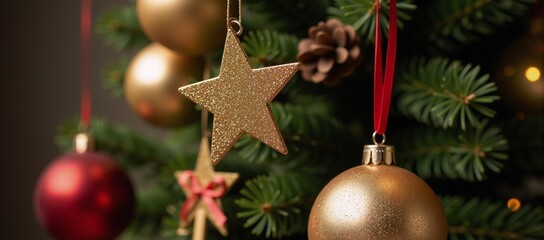 Fototapeta premium A golden star-studded Merry Christmas backdrop with Christmas ornaments