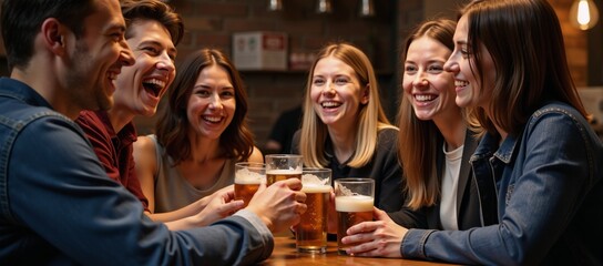 Youthful friends celebrating and socializing over drinks at a bustling brewpub setting
