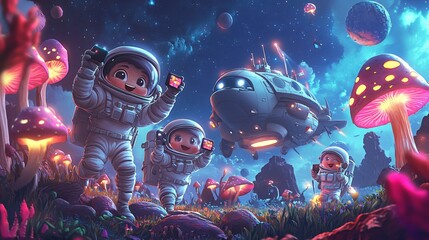 Cartoon Astronauts Exploring a Colorful Alien World
