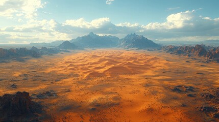 Naklejka premium Aerial View of Desert Landscape with Mountains and Clouds