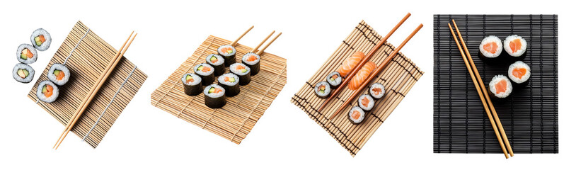 Assorted Sushi Rolls On Bamboo Mats and Plates